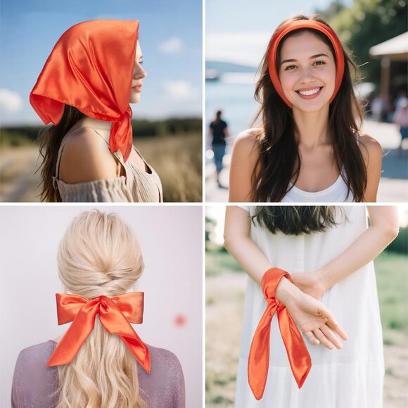 Women's Orange Silk Feeling Scarf 23.6'' Square Satin Scarf Neck Head Bandana - Picture 7 of 7